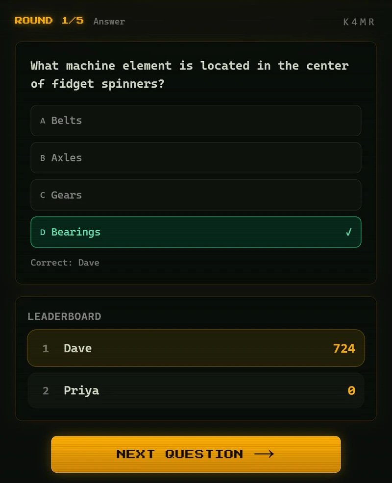 Brain Drain answer reveal with the correct option highlighted and a live leaderboard