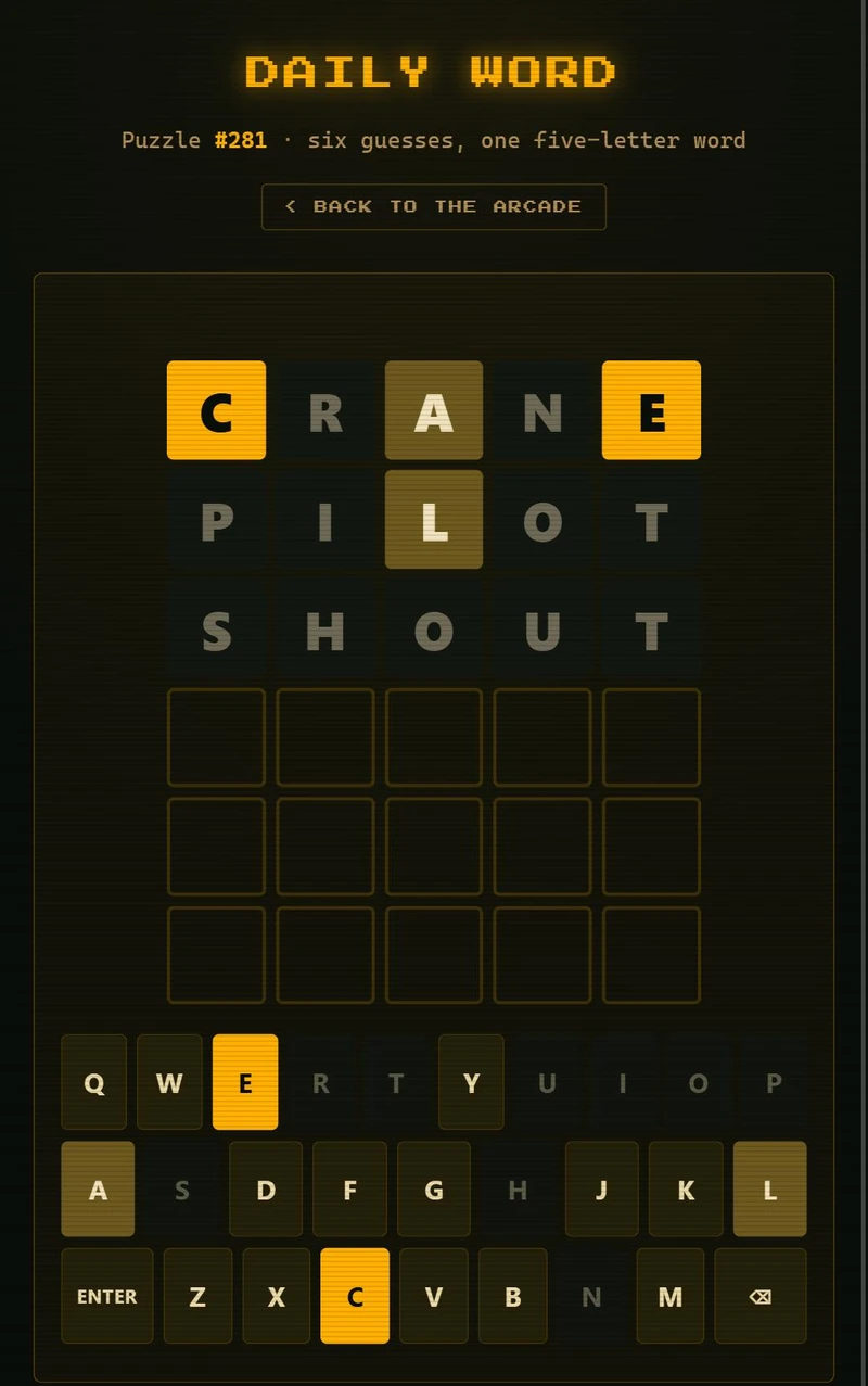 Daily Word board with three guesses coloured by accuracy and an on-screen keyboard