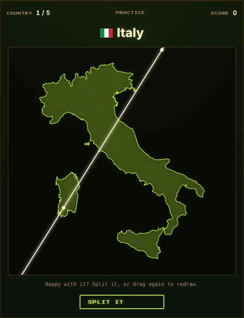 Fifty-Fifty round showing the outline of Italy with a straight line drawn diagonally across it and a Split It button
