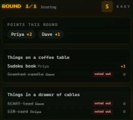 List Rush scoring screen listing each answer with the points it earned this round
