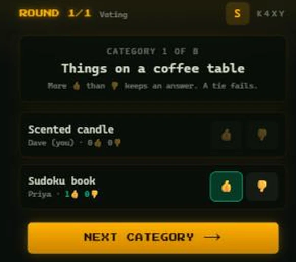 List Rush voting phase with thumbs up and thumbs down on each player's answer