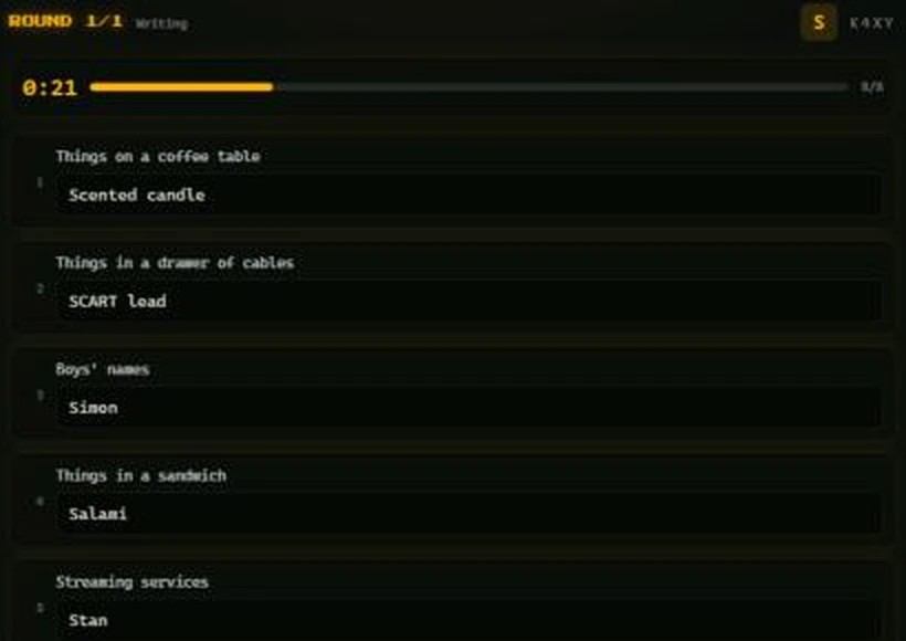 List Rush writing phase: the first five categories filled with S answers beside a countdown timer