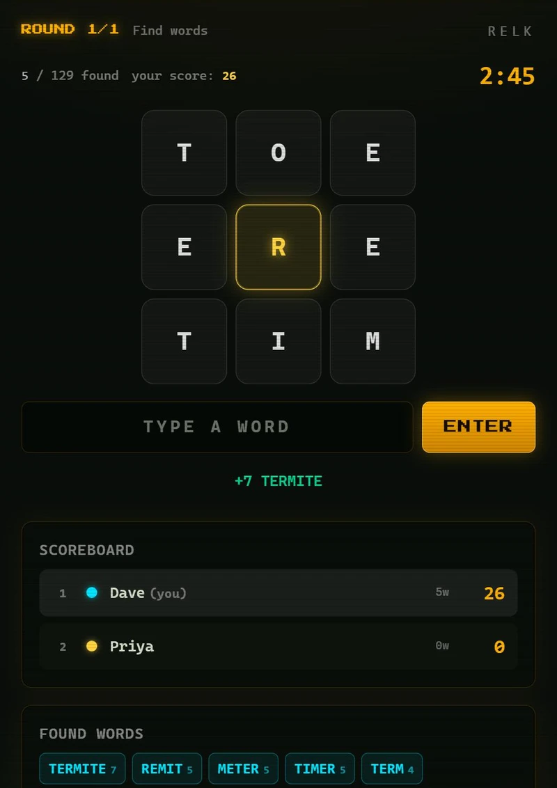 9 Letter Word grid of nine tiles with the centre letter highlighted, found words and a scoreboard