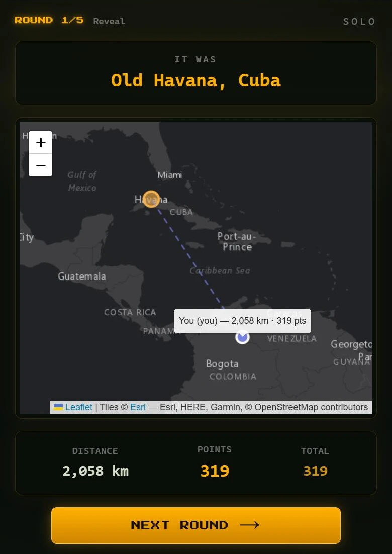 Pin Drop reveal screen showing a map with the guess, the true location, the distance in kilometres and points scored