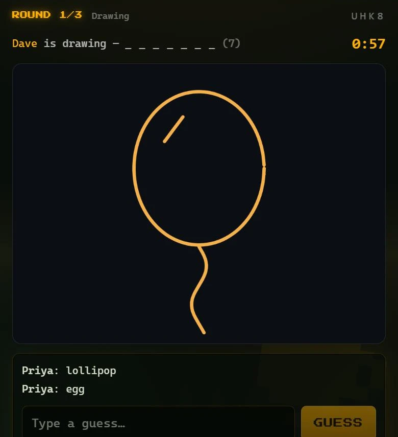 Quick Draw guessing screen with a balloon sketch, letter blanks for the word and guesses from other players