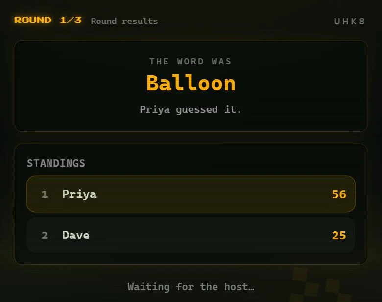 Quick Draw round results revealing the word Balloon and the standings