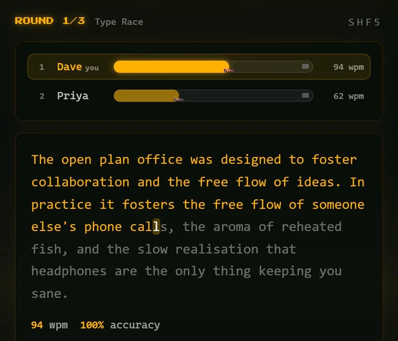 Type Race in progress with progress bars for two players and live words per minute above the passage